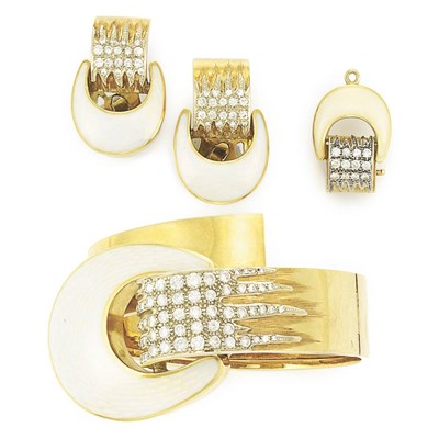 Lot 427 - Gold, Enamel and Diamond Buckle Cuff Bangle Bracelet, Earclips and Clasp