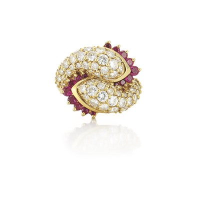 Lot 827 - Gold, Diamond and Ruby Crossover Ring, Hammerman Bros.