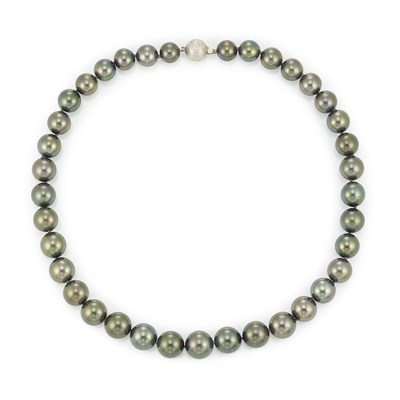 Lot 838 - Black Cultured Pearl Necklace with White Gold and Diamond Ball Clasp