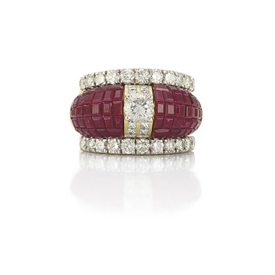 Lot 740 - Gold, Invisibly Set Ruby and Diamond Ring and Gold and Diamond Insert Ring
