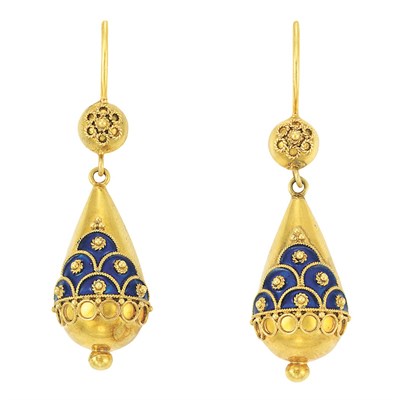 Lot 747 - Pair of Gold and Enamel Pendant Earrings