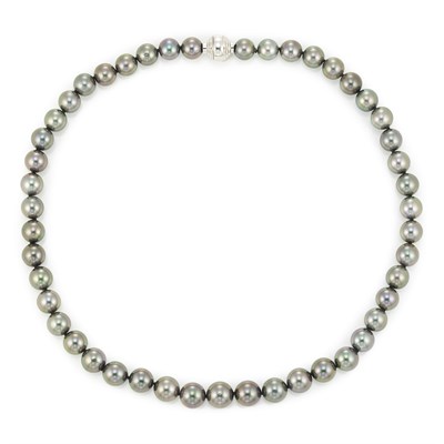 Lot 660 - Black Cultured Pearl Necklace with White Gold and Diamond Ball Clasp