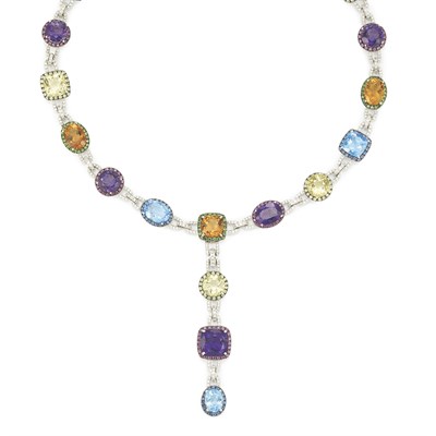 Lot 681 - White Gold, Gem-Set and Diamond Pendant-Necklace
