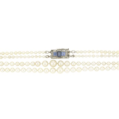Lot 833 - Double Strand Cultured Pearl Necklace with Sapphire and Diamond Clasp