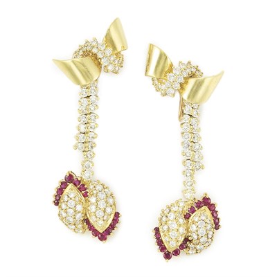 Lot 790 - Pair of Gold, Diamond and Ruby Pendant-Earclips, Jose Hess