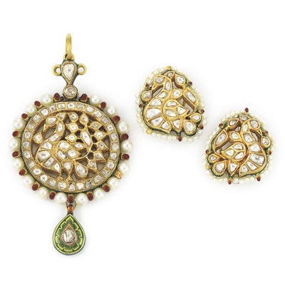 Lot 705 - Indian Gold, Foiled-Back Diamond, Pearl, Enamel and Jaipur Enamel Pendant and Pair of Earclips