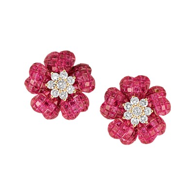 Lot 219 - Pair of Invisibly-Set Ruby and Diamond Flower Earclips