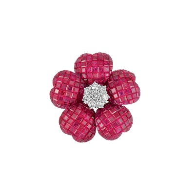 Lot 335 - Invisibly-Set Ruby and Diamond Flower Pendant-Brooch