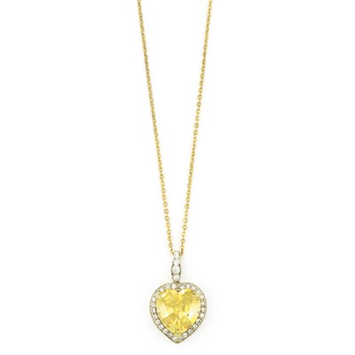 Lot 857 - White Gold, Yellow Sapphire and Diamond Heart Pendant with Gold Chain