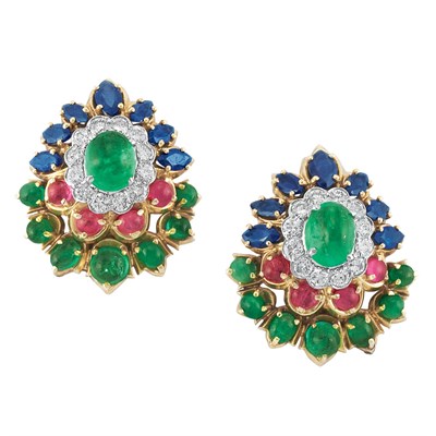 Lot 170 - Pair of Gold, Cabochon Ruby and Emerald, Sapphire and Diamond Earclips