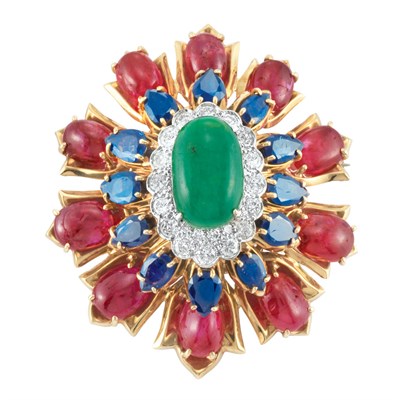 Lot 171 - Gold, Cabochon Emerald and Ruby, Sapphire and Diamond Pendant-Brooch