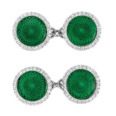 Lot 121 - Pair of Platinum, Guilloche Green Enamel and Diamond Cufflinks