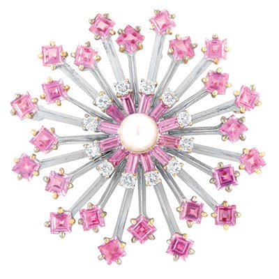 Lot 161 - White Gold, Pink Sapphire, Cultured Pearl and Diamond Pendant-Brooch