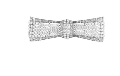 Lot 238 - Edwardian Platinum, Seed Pearl and Diamond Bow Brooch