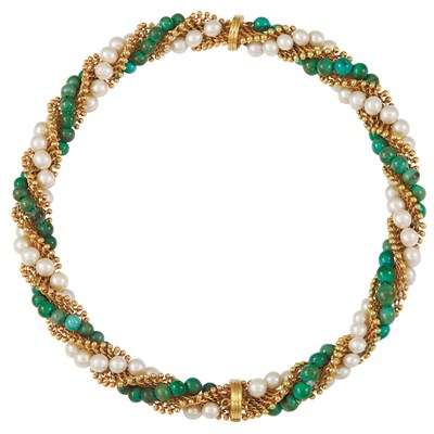 Lot 134 - Gold, Turquoise and Cultured Pearl Necklace/Bracelet Combination