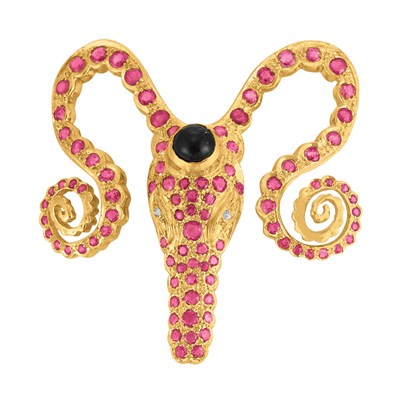 Lot 500 - Gold, Ruby, Cabochon Sapphire and Diamond Ram's Head Brooch, Ilias Lalaounis