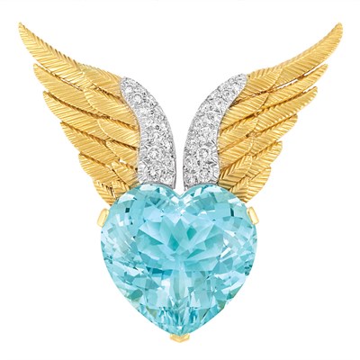 Lot 630 - Gold, Platinum, Aquamarine and Diamond 'Wing' Brooch, Verdura