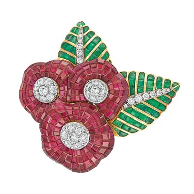 Lot 634 - Gold, Platinum, Mystery-Set Ruby and Emerald and Diamond Flower Clip-Brooch, Van Cleef & Arpels