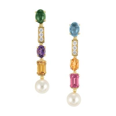Lot 19 - Pair of Gold, Gem-Set, Diamond and Cultured Pearl Pendant-Earrings, Bulgari