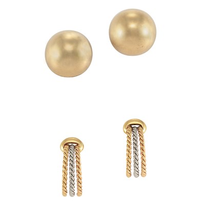 Lot 23 - Pair of Gold Dome Earclips and Pair of Tricolor Gold Hoop Earrings, Bulgari