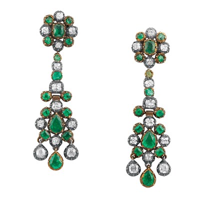 Lot 670 - Pair of Antique Silver, Gold, Emerald and Diamond Pendant-Earrings
