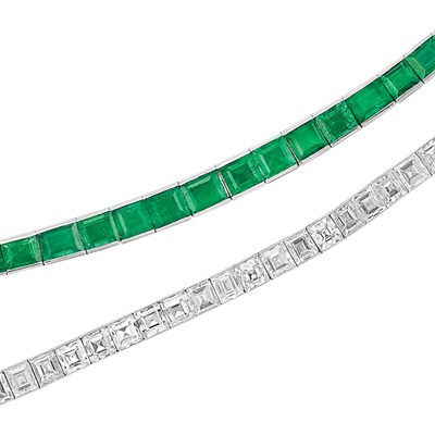 Lot 461 - Two Platinum, Diamond and Emerald Straightline Bracelets