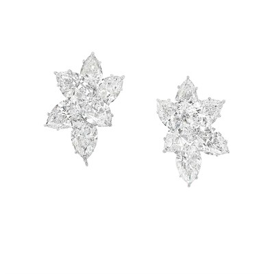 Lot 631 - Pair of Platinum and Diamond Cluster Earclips, Harry Winston