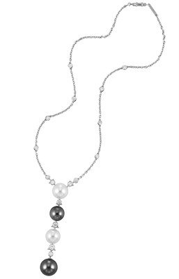 Lot 268 - White Gold, Gray and White Cultured Pearl and Diamond Chain Pendant-Necklace, Cartier