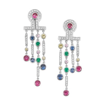 Lot 191 - Pair of White Gold, Diamond and Multicolored Sapphire, Ruby and Emerald  Pendant-Earrings