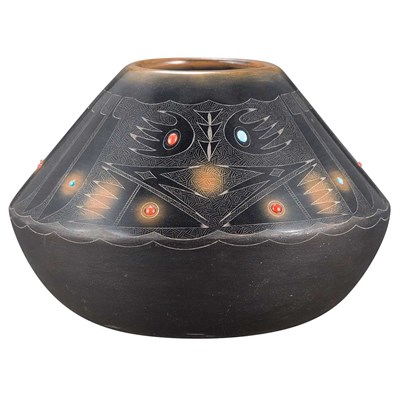 Lot 97 - San Ildefonso Blackware Pot With turquoise...