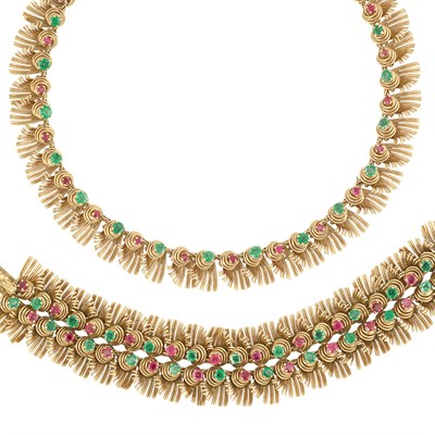Lot 419 - Gold, Ruby and Emerald Necklace and Bracelet