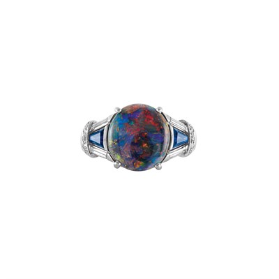 Lot 579 - Platinum, Black Opal, Sapphire and Diamond Ring