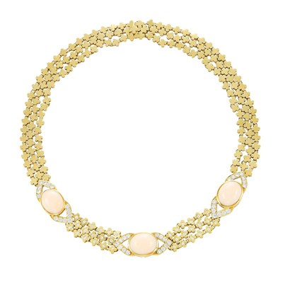 Lot 38 - Gold, Angel Skin Coral and Diamond Necklace