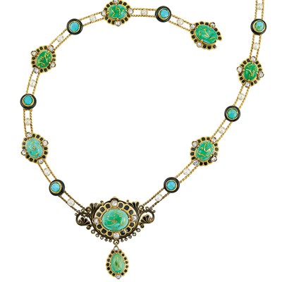 Lot 660 - Antique Gold, Turquoise, Pearl, Black Enamel and Diamond Pendant-Necklace