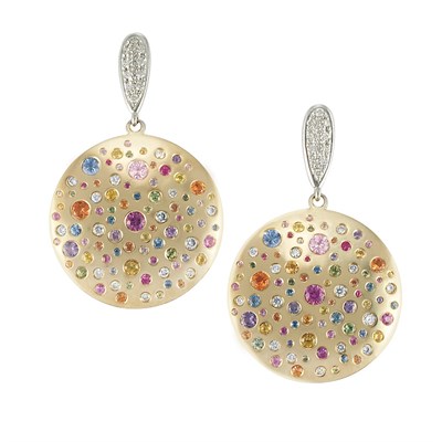 Lot 100 - Pair of Two-Color Gold, Diamond and Multicolored Sapphire Pendant-Earrings