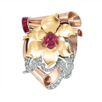 Lot 62 - Two-Color Gold, Platinum, Ruby and Diamond Clip