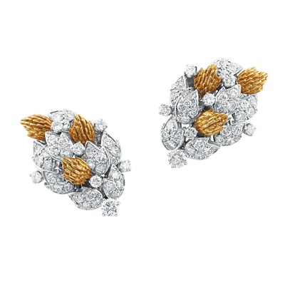 Lot 521 - Pair of Platinum, Gold and Diamond Leaf Earclips