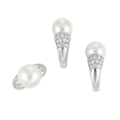 Lot 109 - Pair of White Gold, Cultured Pearl and Diamond Earclips and Ring
