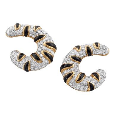 Lot 369 - Pair of Two-Color Gold, Diamond and Black Onyx Earclips