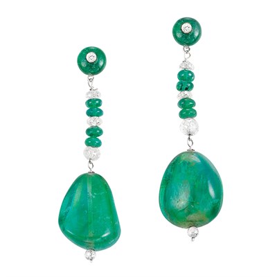 Lot 460 - Pair of Emerald and Diamond Bead Pendant-Earrings