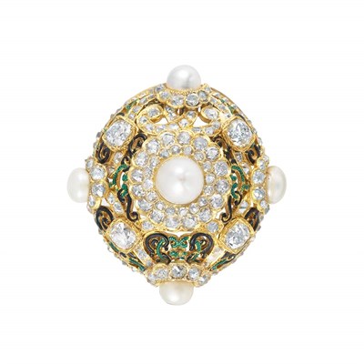 Lot 180 - Antique Gold, Natural Pearl, Diamond and Enamel Brooch