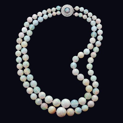 Lot 317 - Double Strand Opal Bead Necklace with Opal and Diamond Clasp