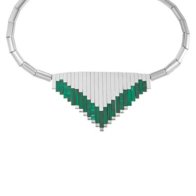 Lot 8 - Sterling Silver and Malachite Fringe Necklace