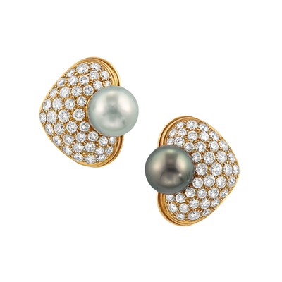 Lot 364 - Pair of Gold, Black and Gray Cultured Pearl and Diamond Earclips