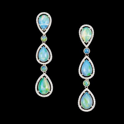 Lot 318 - Pair of Platinum, Opal and Diamond Pendant-Earrings