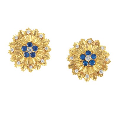 Lot 105 - Pair of Gold, Sapphire and Diamond Flower Earclips