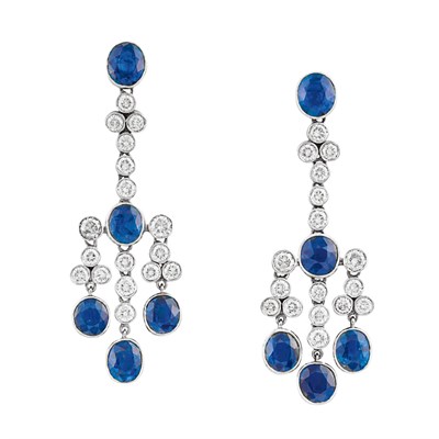 Lot 602 - Pair of Platinum, Diamond and Sapphire Pendant-Earrings
