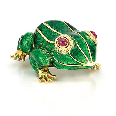 Lot 382 - Gold, Green Enamel and Ruby Frog Clip-Brooch, David Webb