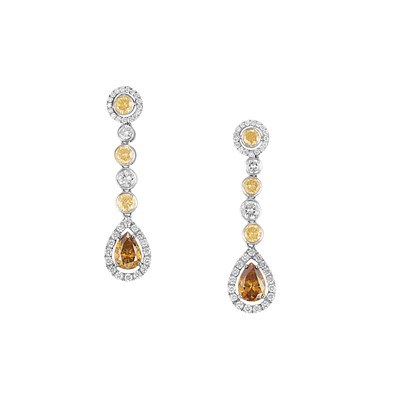Lot 538 - Pair of Platinum, Fancy Colored Diamond and Diamond Pendant-Earrings