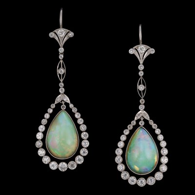 Lot 320 - Pair of Platinum, Opal and Diamond Pendant-Earrings